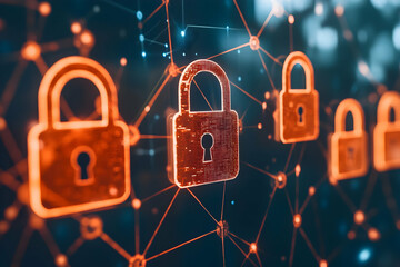 Poster - Network security concept with glowing red padlocks connected by lines.