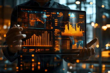 Poster - Person holding tablet displaying data graphs and charts.