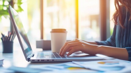 Poster - Close-Up of Coffee Cup and Laptop on Minimal Desk Arrangement