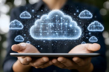 Poster - Person holding tablet displaying digital cloud computing network.