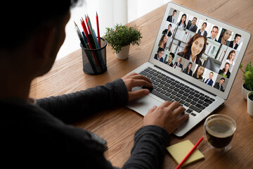 Poster - business people on video conference for modish virtual group meeting of corprate business office wor