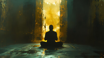 Wall Mural - A moment of deep reflection in a dimly lit space, capturing a figure in prayer with a serene expression. generative ai. Nirvana. Illustration