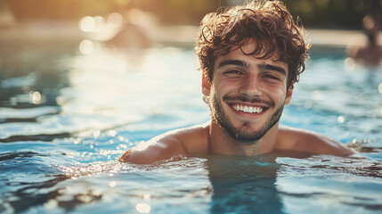 Handsome happy young man smiling in a swimming pool water. copy space, summer vacation holiday hotel resort leisure, healthy weekend relaxation activity.