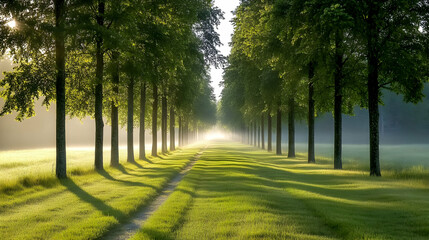 Wall Mural - Sunlit path through a tree-lined avenue at dawn, morning mist.