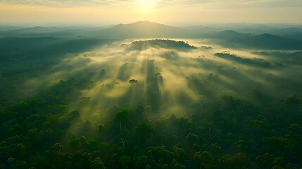 Wall Mural - Sunrise over misty rainforest, aerial view.