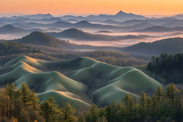 Wall Mural - Sunrise over rolling hills and misty valleys, showcasing layers of mountains in soft light.