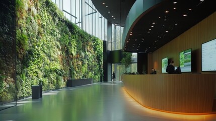 Aufkleber - A contemporary office space showcasing a vibrant indoor green wall that emphasizes sustainability. The design blends natural elements with modern architecture, promoting eco-friendly practices.