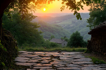 Wall Mural - Sunset view over stone path, village, and hills.