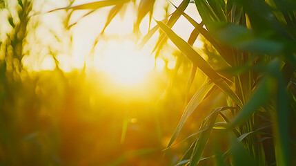 Wall Mural - Sunset view through vibrant green plants.