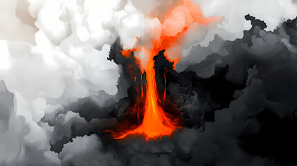 Wall Mural - Generative ai on theme of erupting volcano with cascading hot lava surrounded thick white smoke. Eruption. Illustration