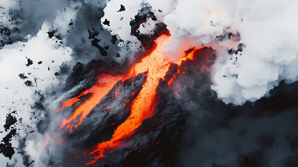 Wall Mural - Generative ai on theme of erupting volcano with cascading hot lava surrounded thick white smoke. Eruption. Illustration