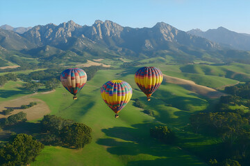 Three hot air balloons soar over scenic mountain valley.