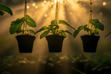 Wall Mural - Three potted plants hanging, backlit by sunrise.