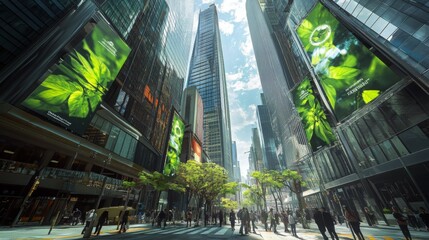 Poster - In a bustling city, people walk through streets lined with towering skyscrapers featuring vibrant greenery advertisements.