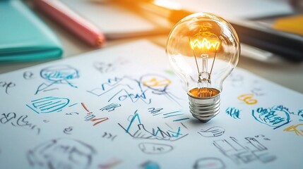 Poster - Creative Business Ideas with Notepad and Pen Light Bulb Concept