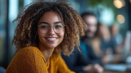 Poster - A professional woman smiling while collaborating in a modern office environment