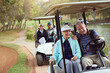 © peopleimages.com - Couple, love and drive golf cart for hobby, sports and recreation with weekend, bonding and fitness. Senior people, fun and romance on course for game, practice and club competition with leisure