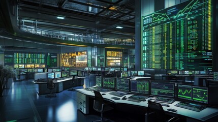 Aufkleber - High-tech trading floor showcasing multiple screens filled with data and graphs related to sustainable finance.