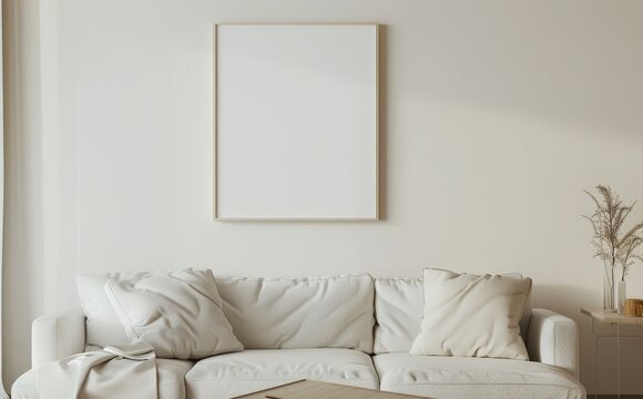 Minimalist living room interior with white sofa. blank frame. and natural light