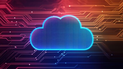 Poster - A digital representation of a cloud symbol with a circuit-like design, glowing in blue and orange hues, symbolizing cloud computing and technology.