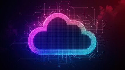 Poster - A vibrant cloud icon illuminated in blue and pink, surrounded by a digital network background, representing cloud computing and technology.