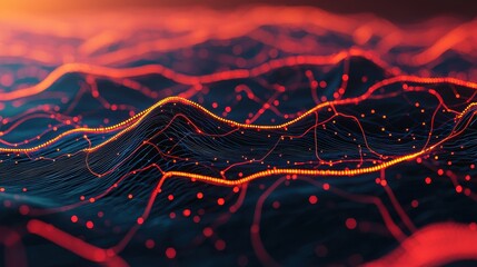Poster - A vibrant, abstract visualization of interconnected digital waves, showcasing a blend of red and blue hues, representing data flow and technology.