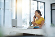 © peopleimages.com - Phone call, morning and woman in office, creative and talking to client, editor and discussion for book. Happy, publisher and conversation for manuscript, contact and planning for deadline and laptop