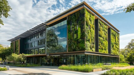 Poster - A contemporary building integrates lush vertical gardens into its facade, emphasizing sustainable finance. This innovative structure promotes eco-friendly practices in urban architecture.