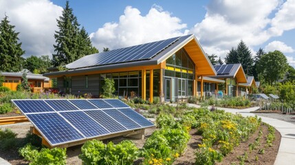 Aufkleber - A vibrant eco-friendly community center showcases sustainable finance initiatives with solar panels adorning roofs. Surrounding gardens flourish with vegetables and flowers, promoting green living.