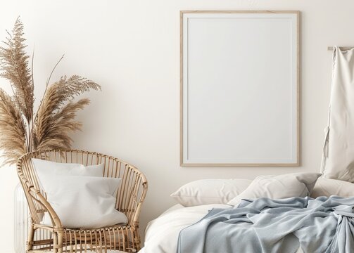 A light and airy bedroom with a wicker chair. a bed with white linens. a blue throw. and a large blank frame on the wall