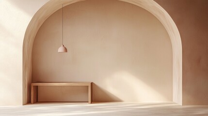 Aufkleber - A beautifully crafted minimalist interior features a soft, arched wall illuminated by natural light, creating a tranquil atmosphere. A simple wooden bench enhances the serene vibe