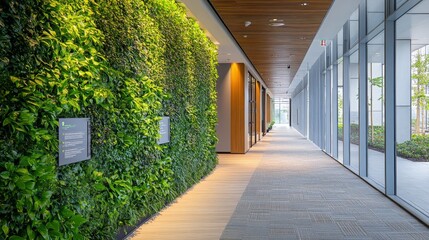 Aufkleber - A modern corridor showcasing a lush vertical garden along one wall. Natural light floods the space through large windows, highlighting the sustainable design.
