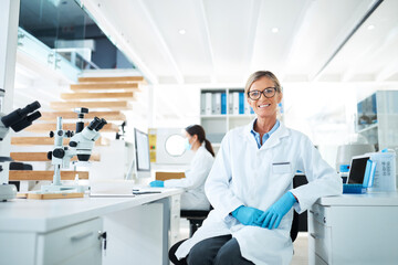 Poster - Portrait, science and research with women in lab, confidence and experiment with equipment. People, medical and professional in workplace, scientist and testing for breakthrough, smile and biology
