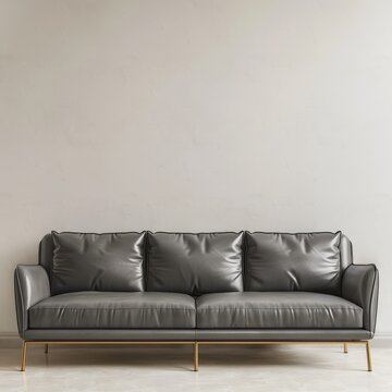 Modern gray leather sofa with gold legs against a white wall