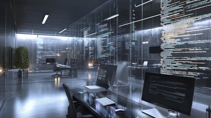 Wall Mural - Futuristic office interior with glass walls displaying code.