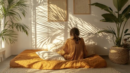 Poster - A woman peacefully relaxes on a cozy bed, surrounded by soft pillows. Sunlight filters through the window, casting delicate patterns on the wall, creating a tranquil atmosphere perfect for unwinding