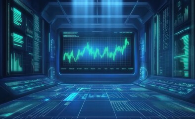 Aufkleber - Futuristic control room with glowing digital stock market graph.