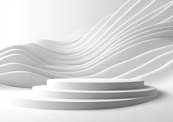 Poster - Abstract white 3D rendering of layered wavy background with circular platform.