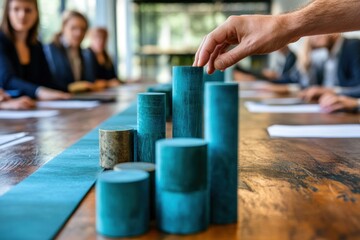 Poster - Hand arranging teal cylinders on a table during a business meeting.