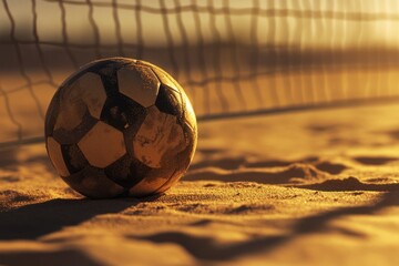 Wall Mural - Worn soccer ball rests on sandy beach near net at sunset.