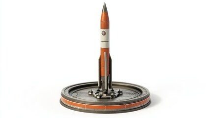 Poster - Vintage-style rocket model on a circular stand, isolated on white.