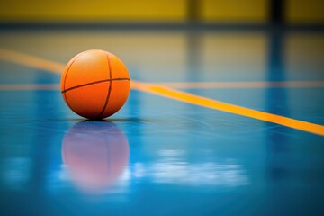 Poster - Single orange basketball on a blue court.