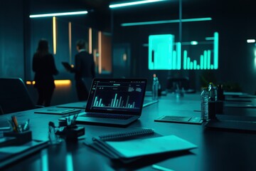 Aufkleber - Laptop with data charts on a conference table in a modern office at night.