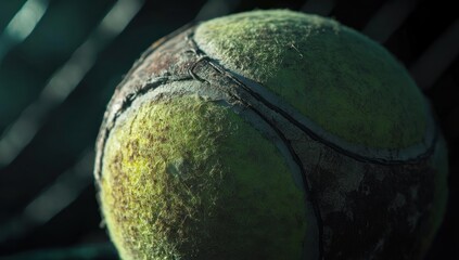 Poster - Close-up of a worn, dirty tennis ball with visible seams and fuzz, resting on a dark surface.