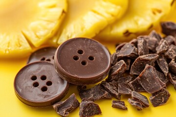 Poster - Chocolate buttons and pineapple slices on yellow background.