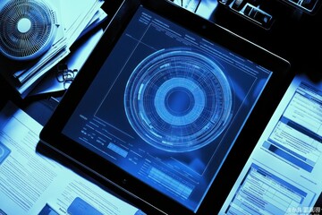 Aufkleber - Tablet displaying futuristic interface on documents.
