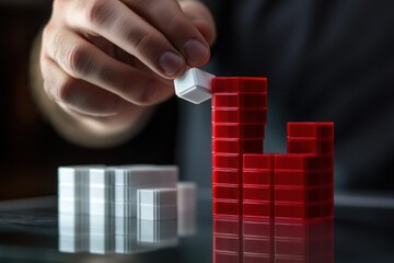 Poster - Hand placing white block onto red block tower.