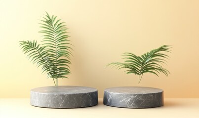 Poster - Two gray marble podiums with green palm leaves against a pale yellow background.