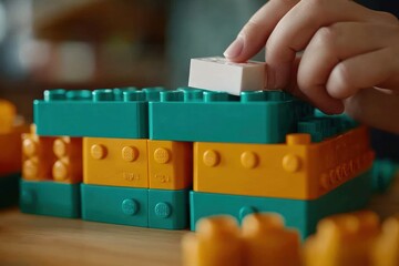 Aufkleber - close-up of a hand placing a white building block onto a structure of orange and teal blocks.
