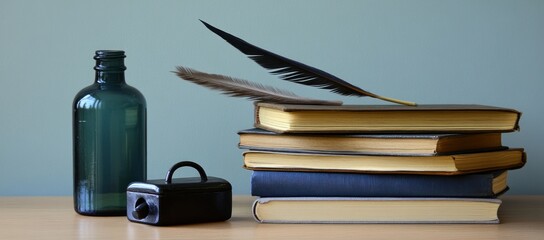 Aufkleber - Stack of books, quill pen, and ink bottle on a wooden surface.
